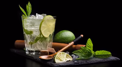 Mojito servi sur ardoise noire avec citron vert et sucre de canne