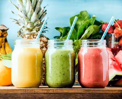 Trois smoothies en bocaux : mangue, kiwi et fraise, entourés de fruits frais